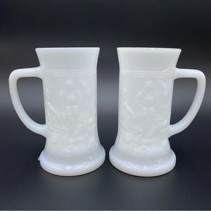 Set of 2 Vintage Federal Glass White Milk Glass Tavern Scene Beer Stein Mugs